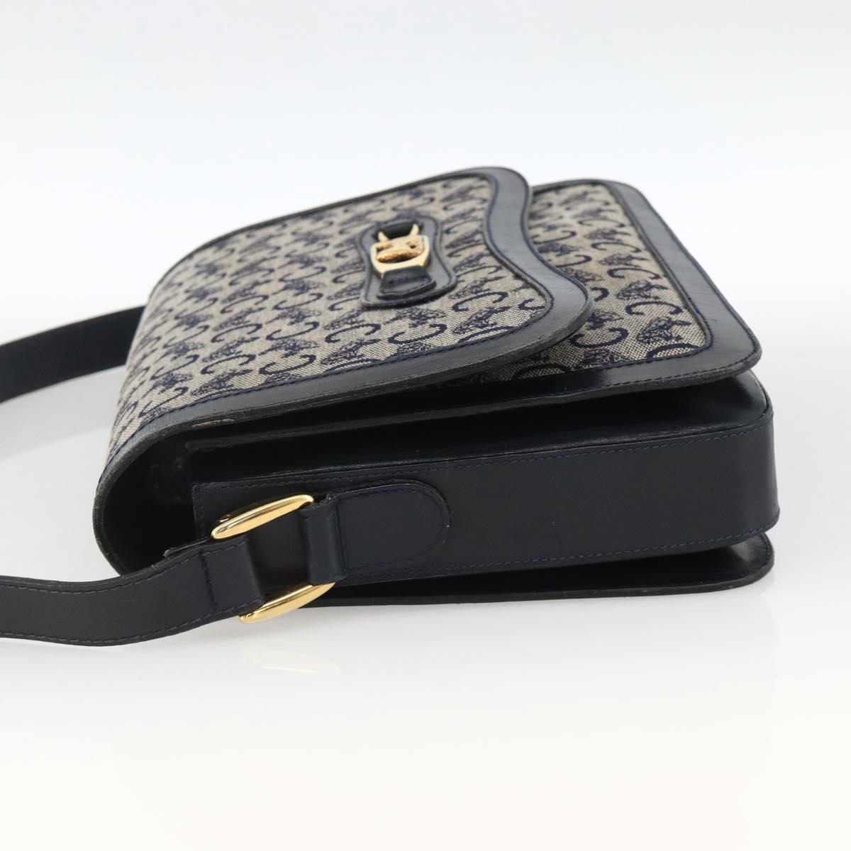 CELINE C Sulky Horse Carriage Shoulder Bag Canvas Navy Gold Auth AMZ372