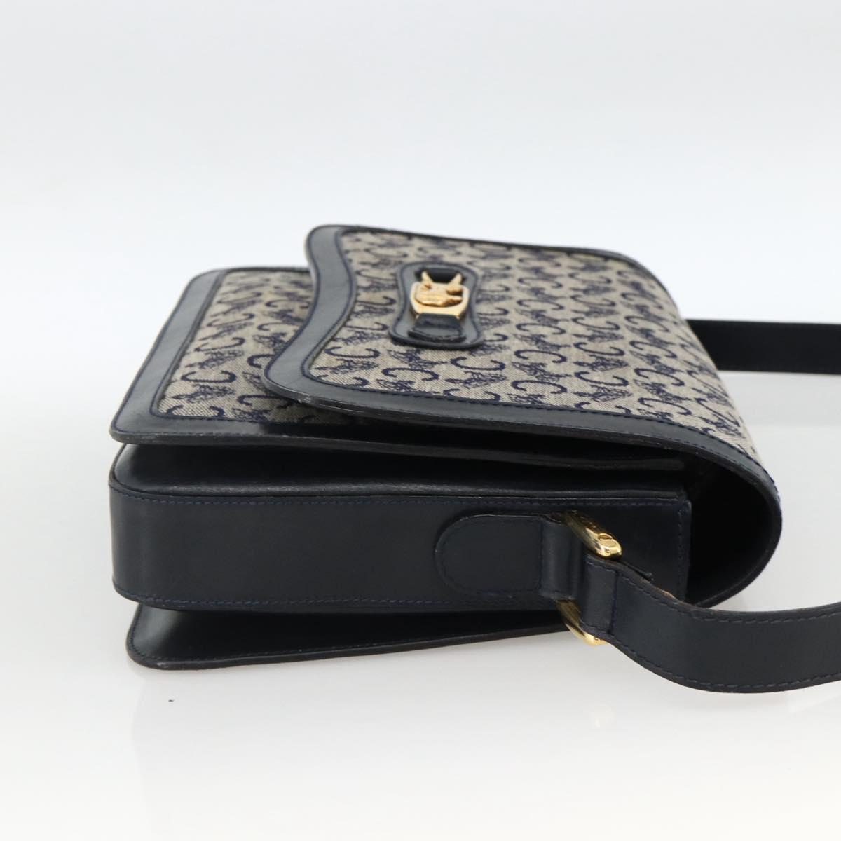 CELINE C Sulky Horse Carriage Shoulder Bag Canvas Navy Gold Auth AMZ372