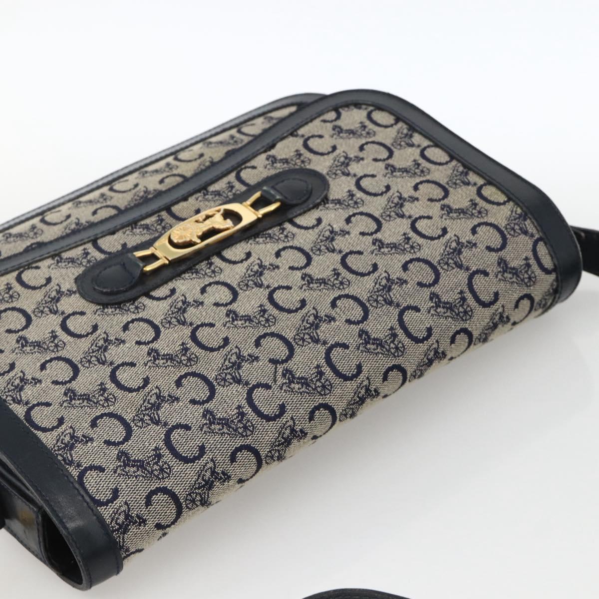 CELINE C Sulky Horse Carriage Shoulder Bag Canvas Navy Gold Auth AMZ372