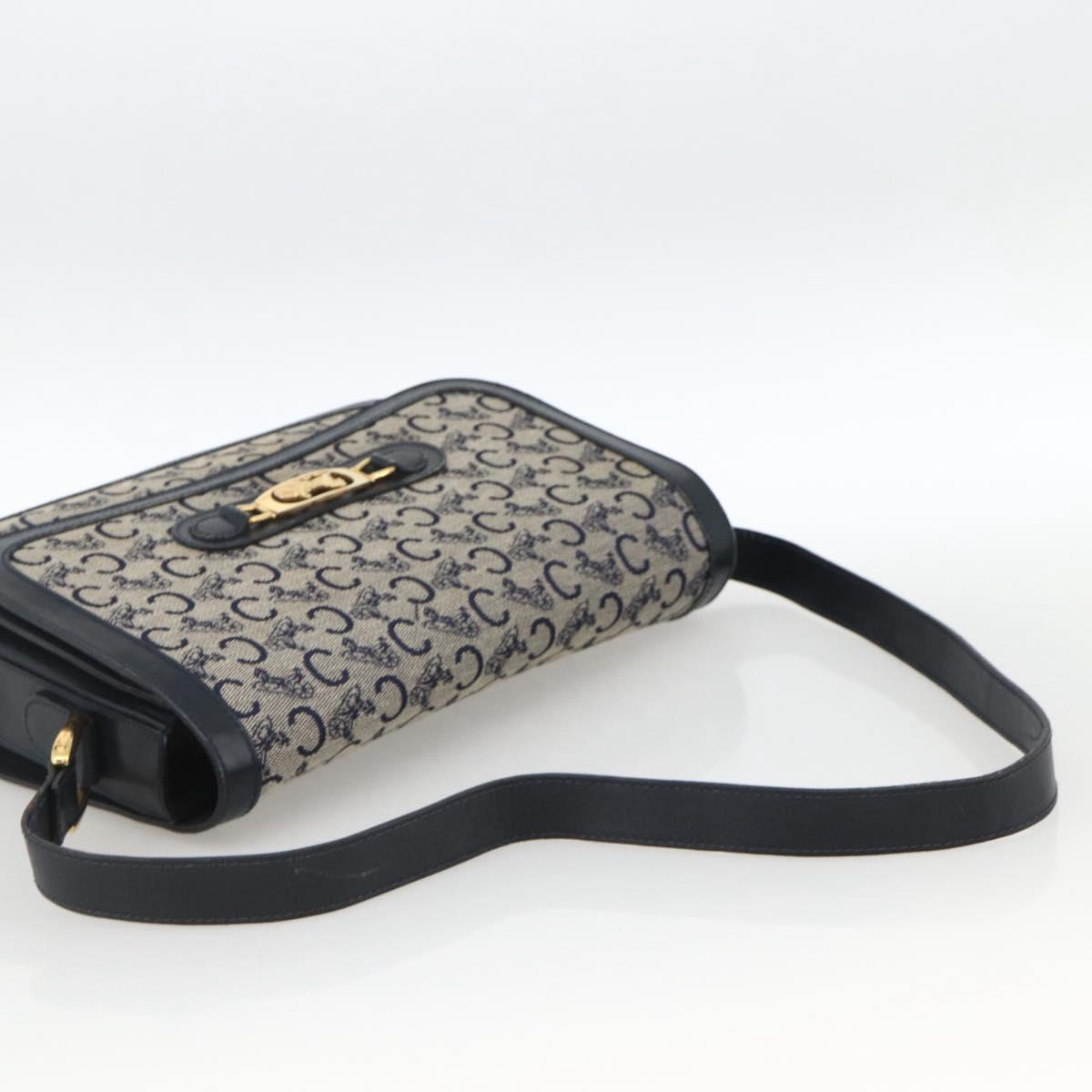 CELINE C Sulky Horse Carriage Shoulder Bag Canvas Navy Gold Auth AMZ372