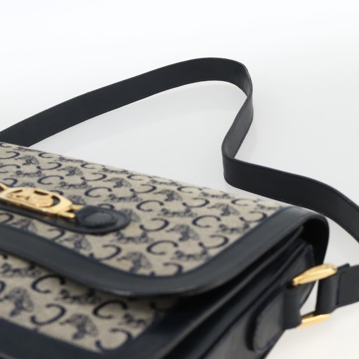 CELINE C Sulky Horse Carriage Shoulder Bag Canvas Navy Gold Auth AMZ372
