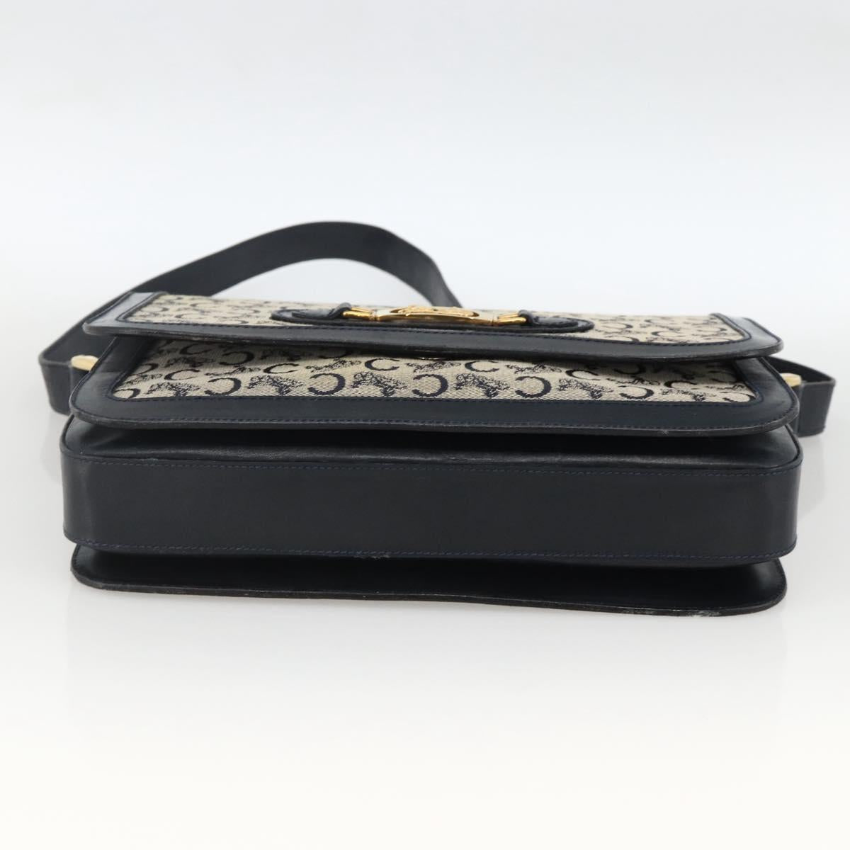CELINE C Sulky Horse Carriage Shoulder Bag Canvas Navy Gold Auth AMZ372
