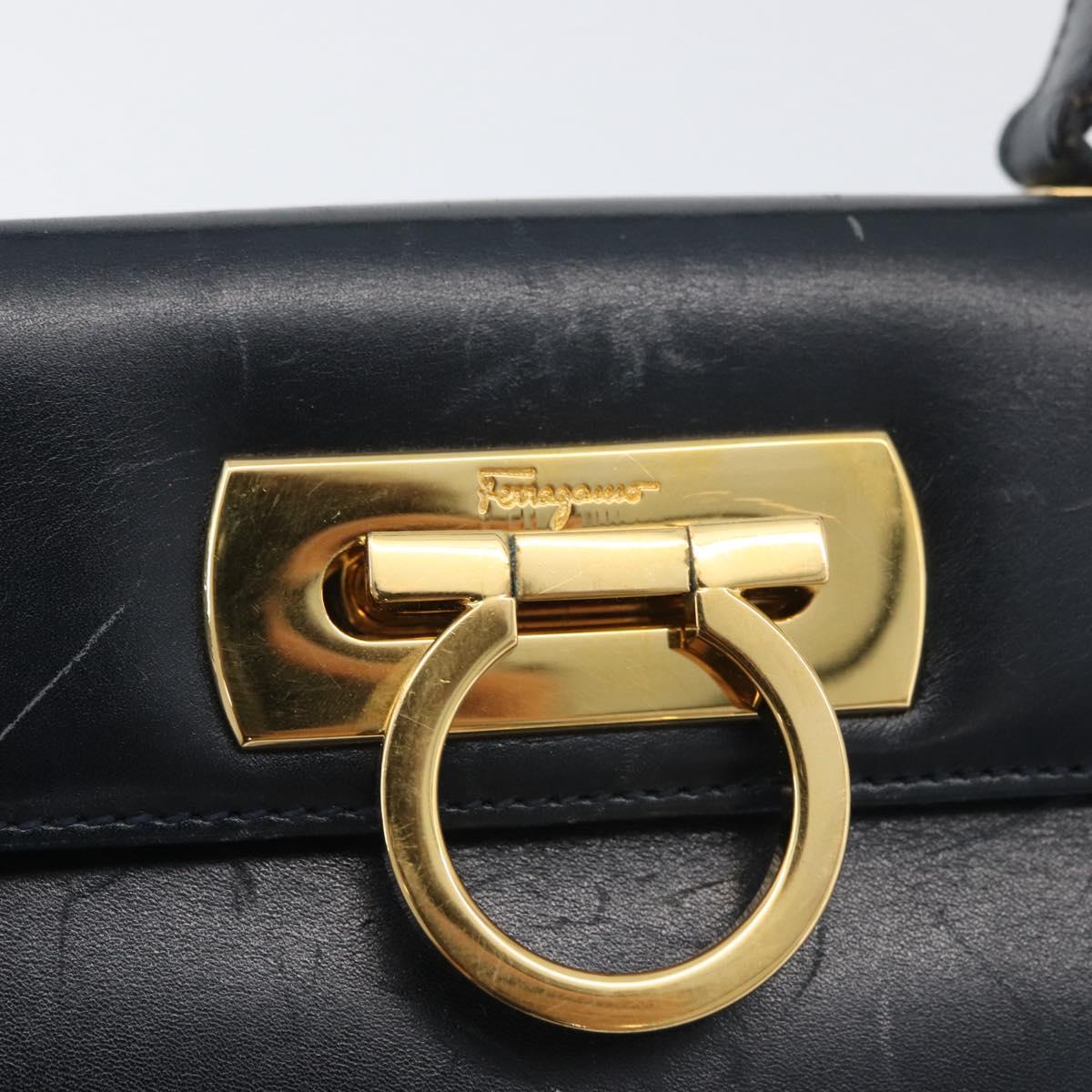 Salvatore Ferragamo Gancini Hand Bag Leather 2way Navy Gold Auth AMZ378
