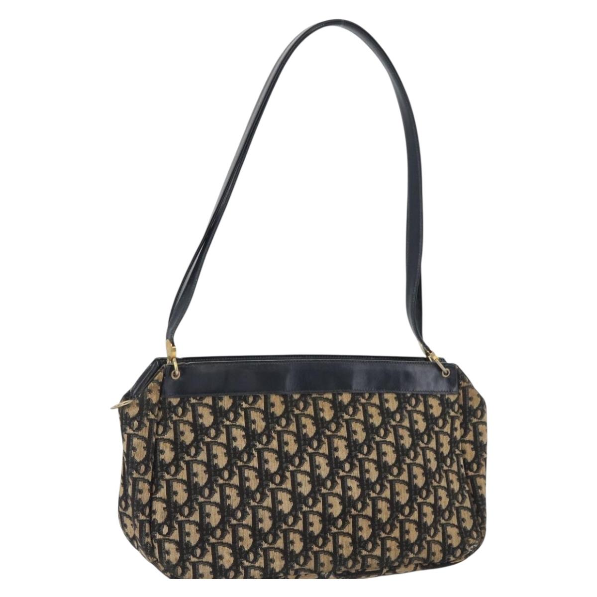Christian Dior Trotter Canvas Shoulder Bag Navy Gold Auth AMZ388