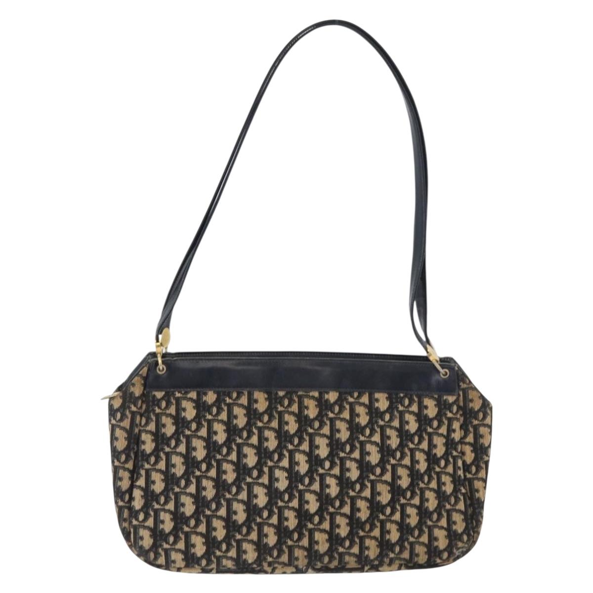 Christian Dior Trotter Canvas Shoulder Bag Navy Gold Auth AMZ388