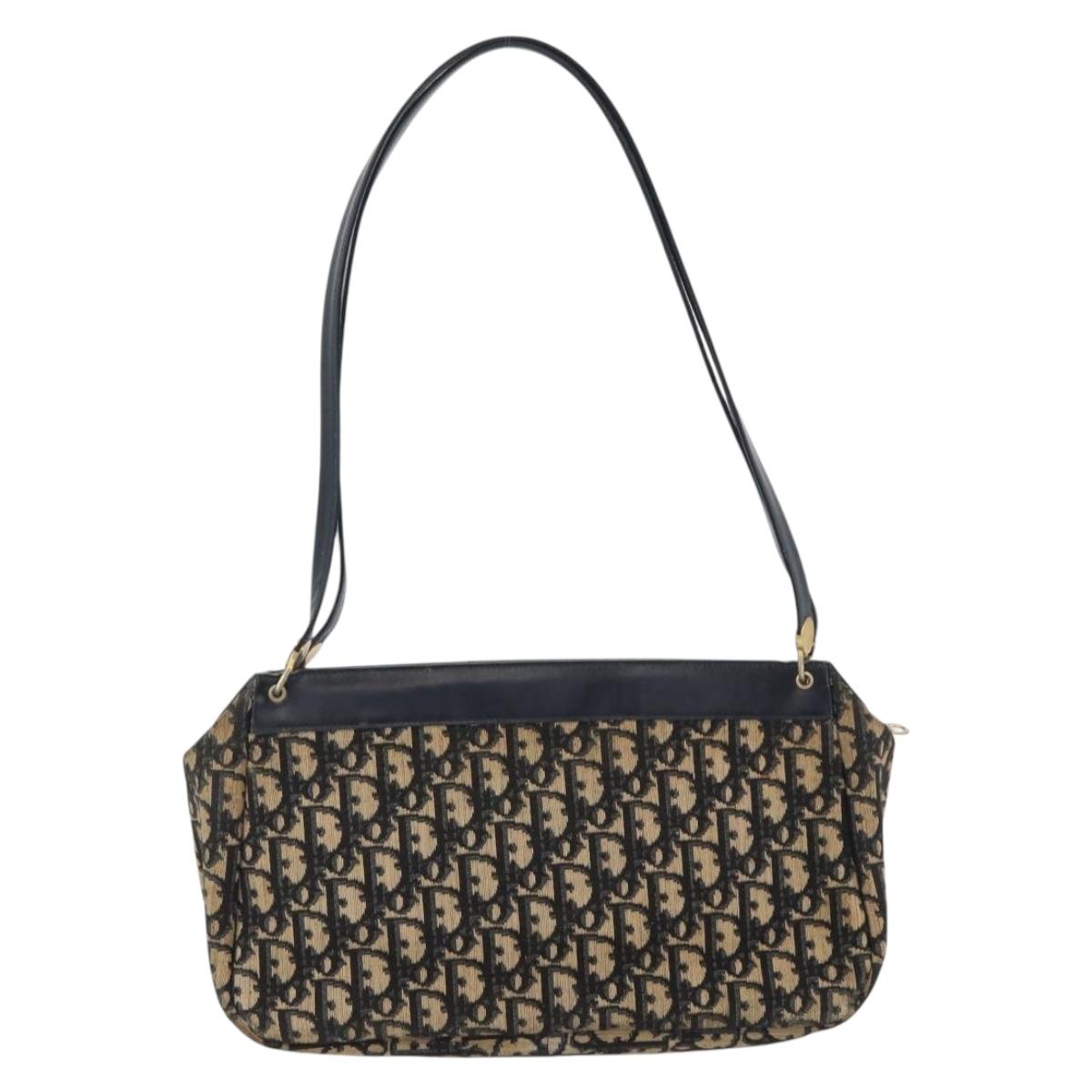 Christian Dior Trotter Canvas Shoulder Bag Navy Gold Auth AMZ388
