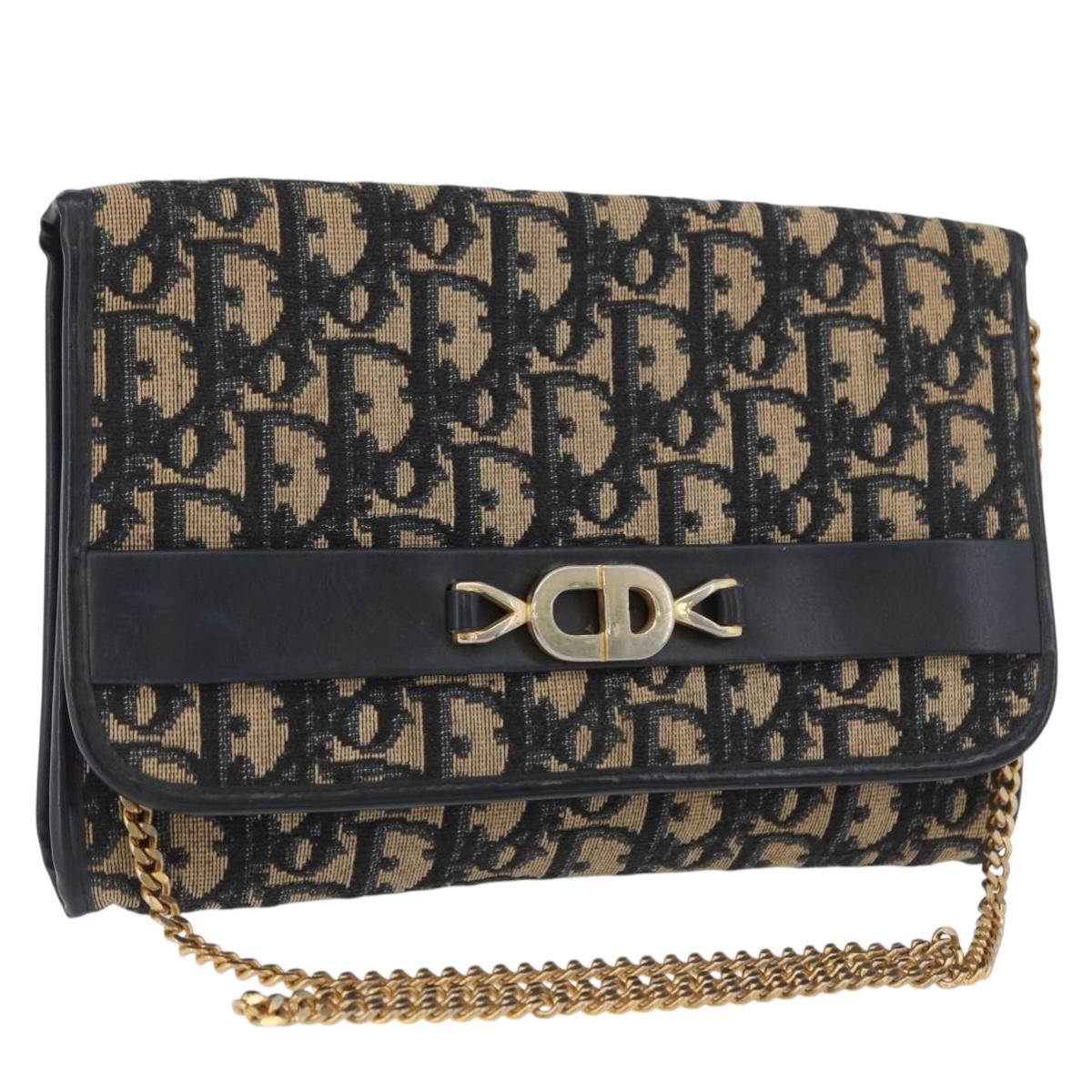 Christian Dior Trotter Canvas Chain Shoulder Bag Navy Gold Auth AMZ428