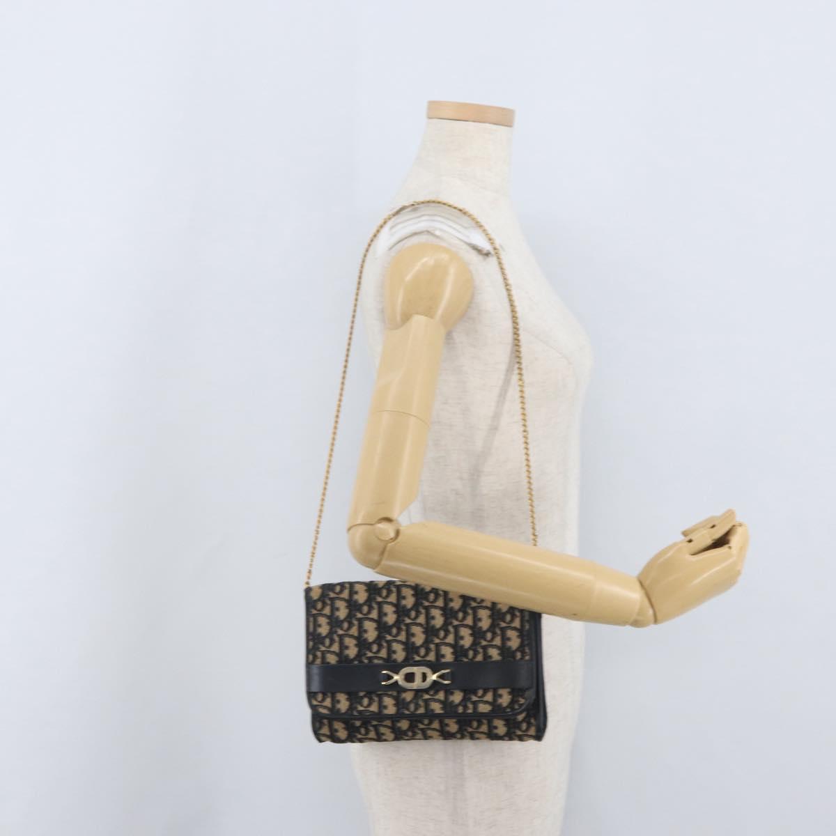 Christian Dior Trotter Canvas Chain Shoulder Bag Navy Gold Auth AMZ428