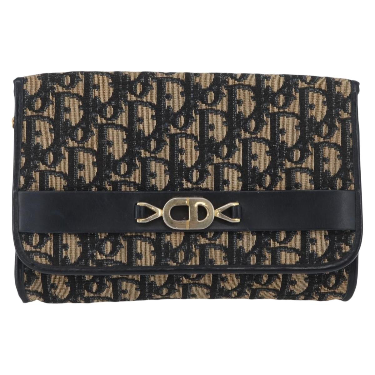 Christian Dior Trotter Canvas Chain Shoulder Bag Navy Gold Auth AMZ428