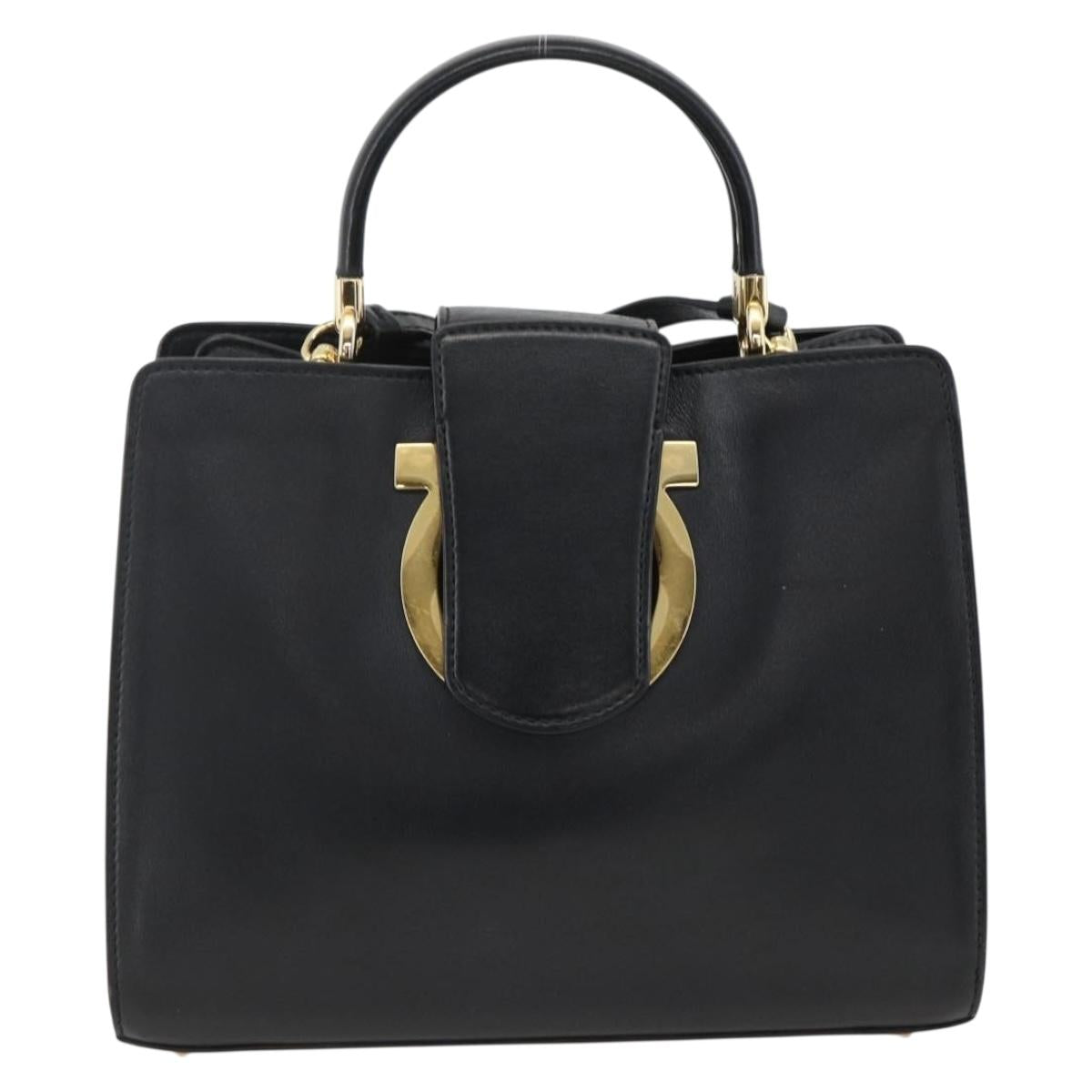 Salvatore Ferragamo Gancini Hand Bag Leather 2way Black Gold Auth AMZ435A
