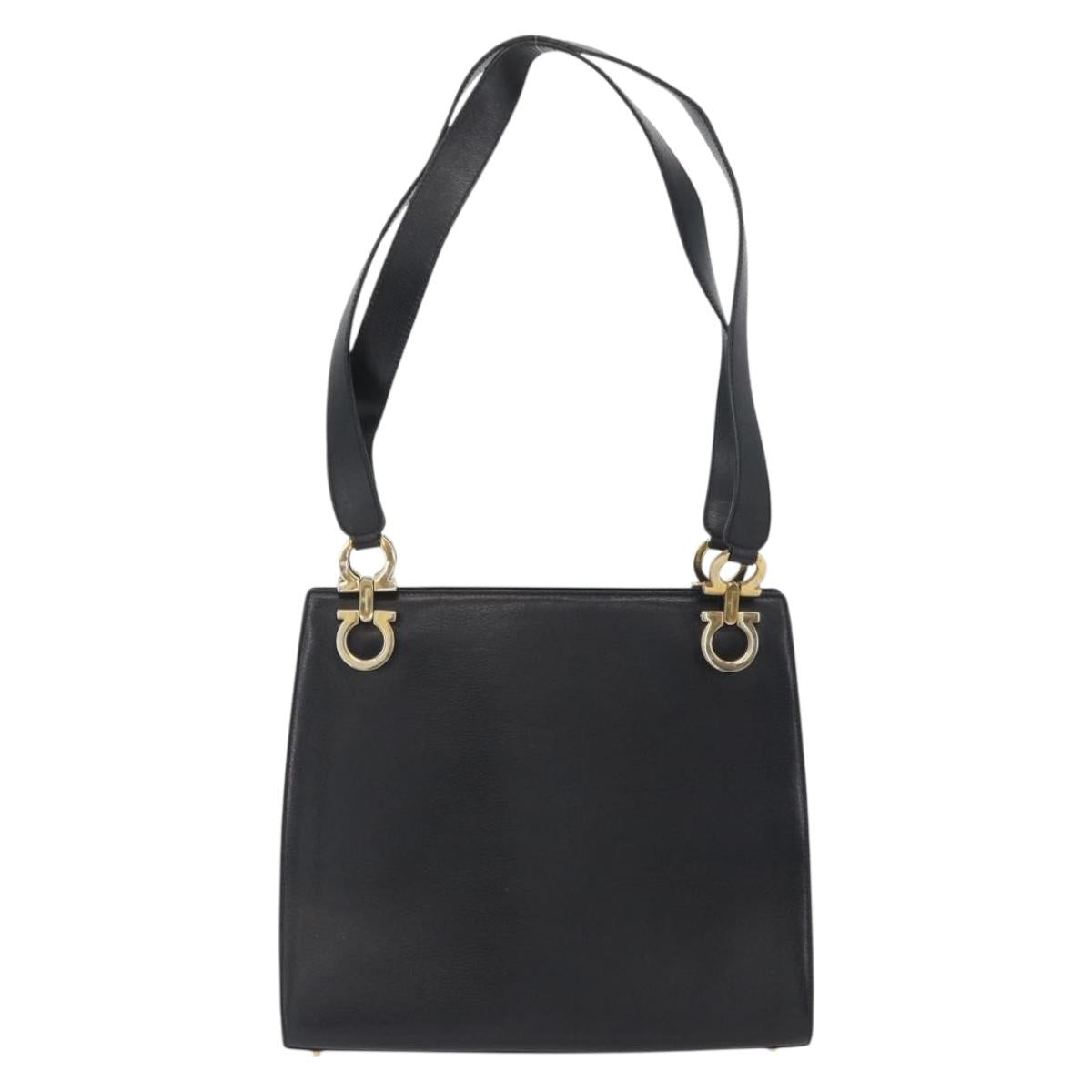 Salvatore Ferragamo Gancini Shoulder Bag Leather Black Gold Auth AMZ436