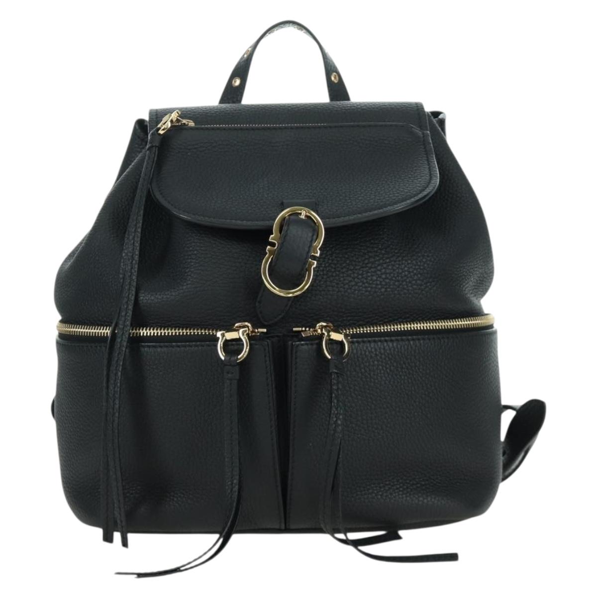 Salvatore Ferragamo Gancini Backpack Leather Black Gold Auth AMZ437V