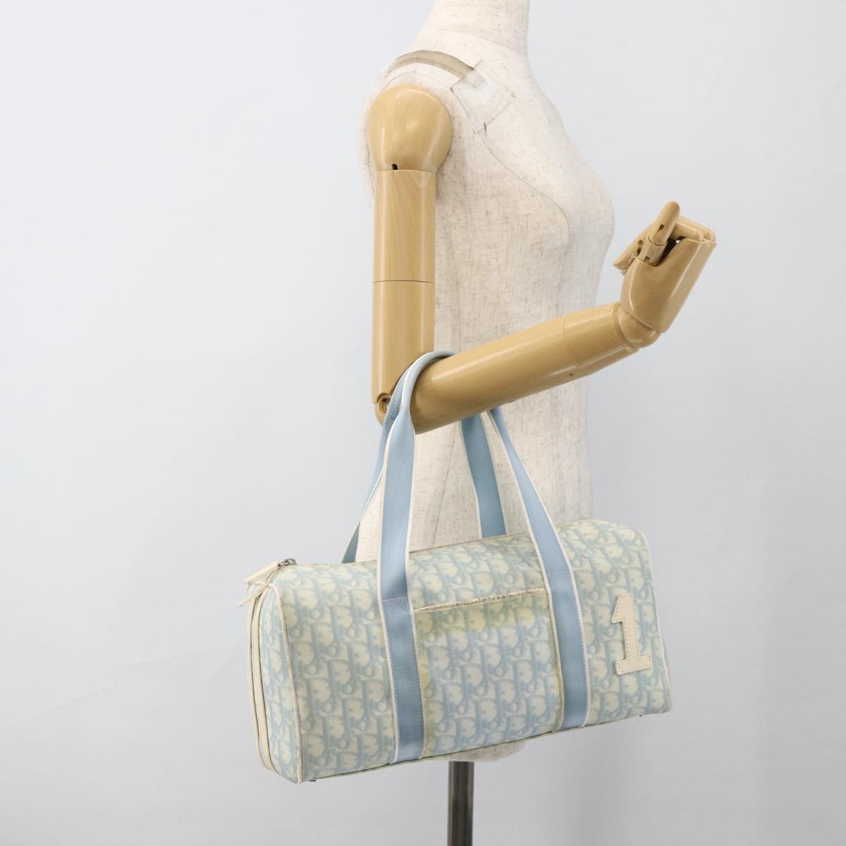 Christian Dior Trotter Canvas Boston Bag PVC Light Blue Silver Auth AMZ439