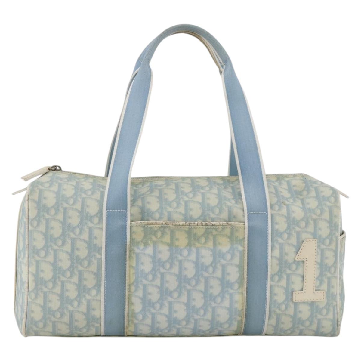 Christian Dior Trotter Canvas Boston Bag PVC Light Blue Silver Auth AMZ439