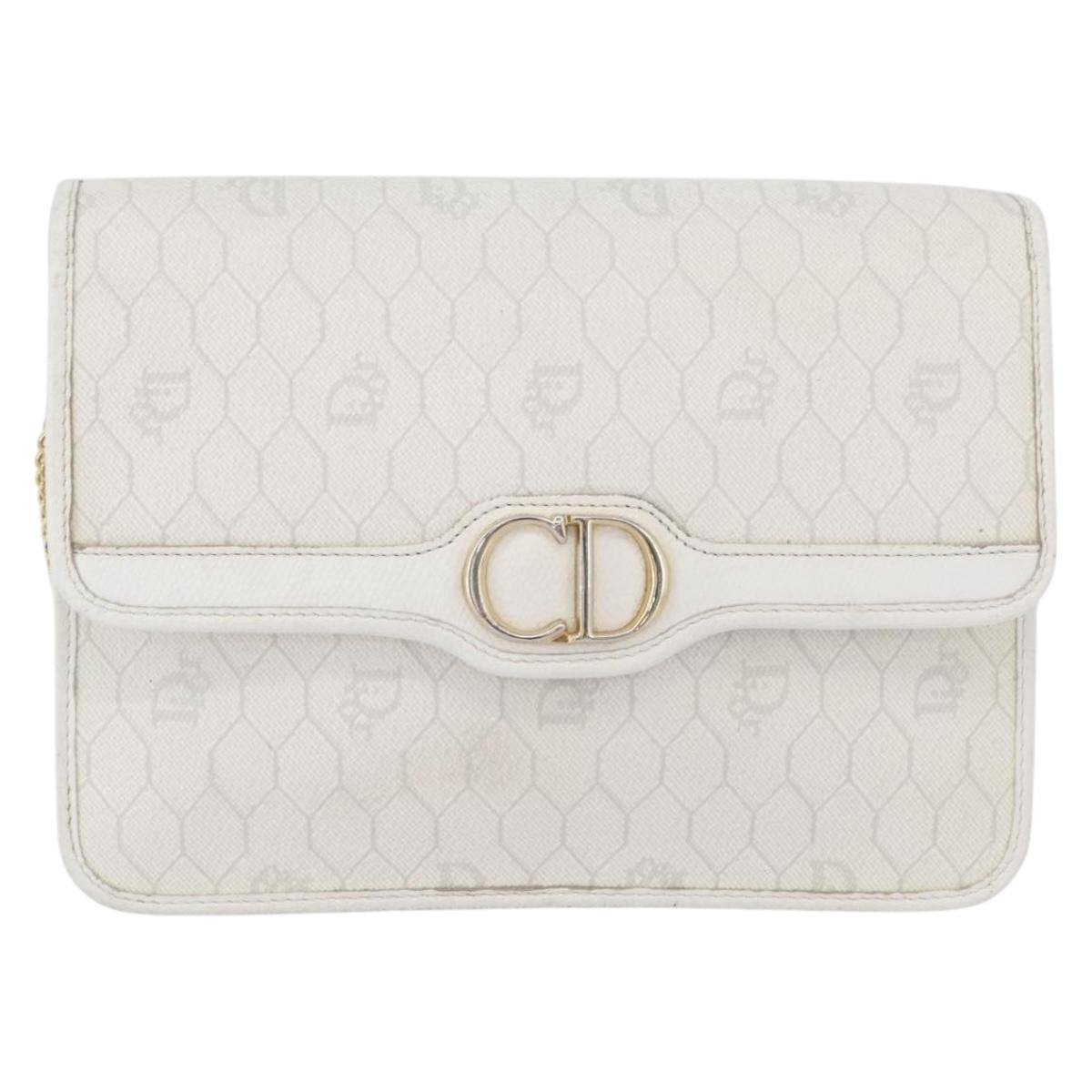 Christian Dior Honeycomb Canvas Chain Shoulder Bag PVC White Gold Auth AMZ444