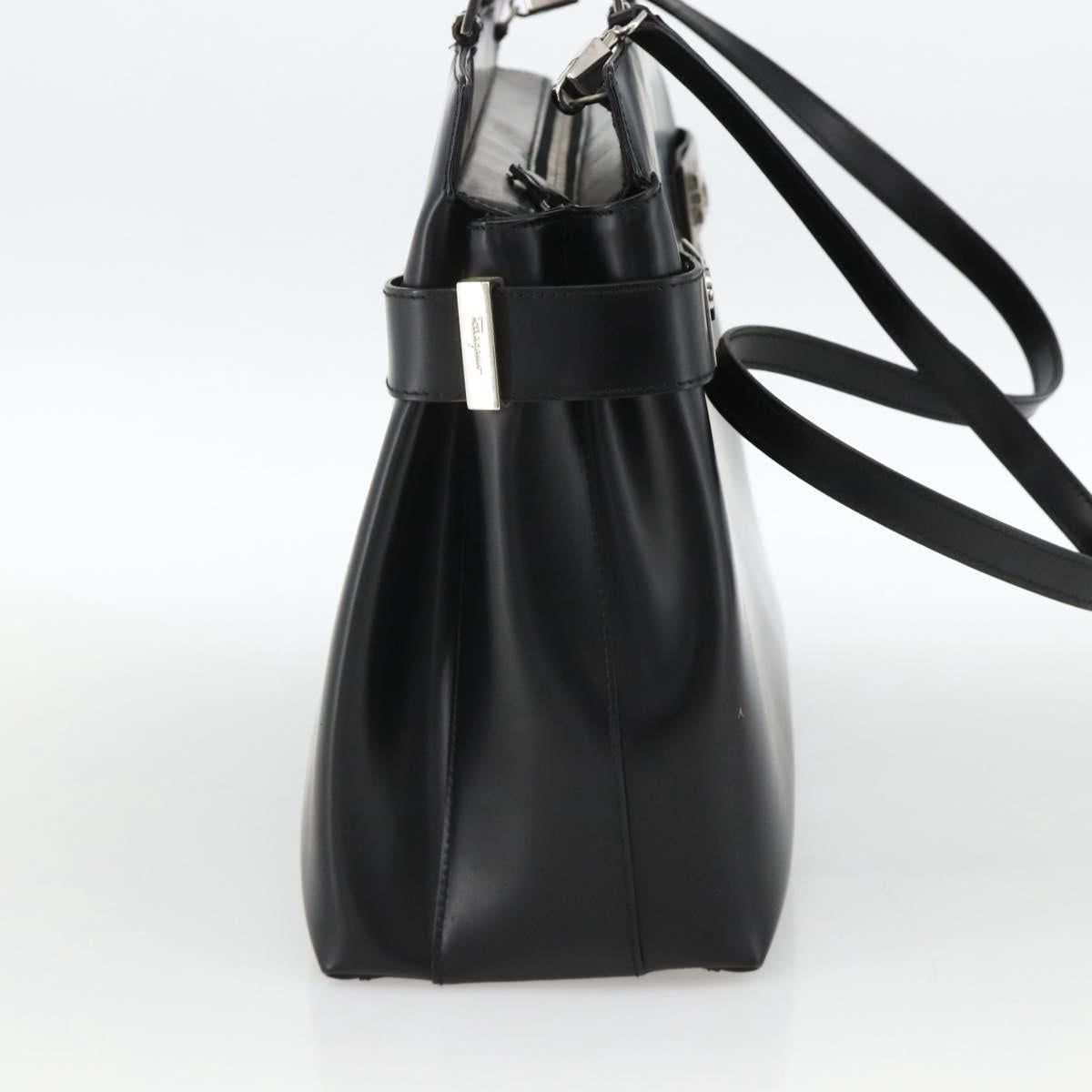 Salvatore Ferragamo Gancini Hand Bag Leather 2way Black Silver Auth AMZ445
