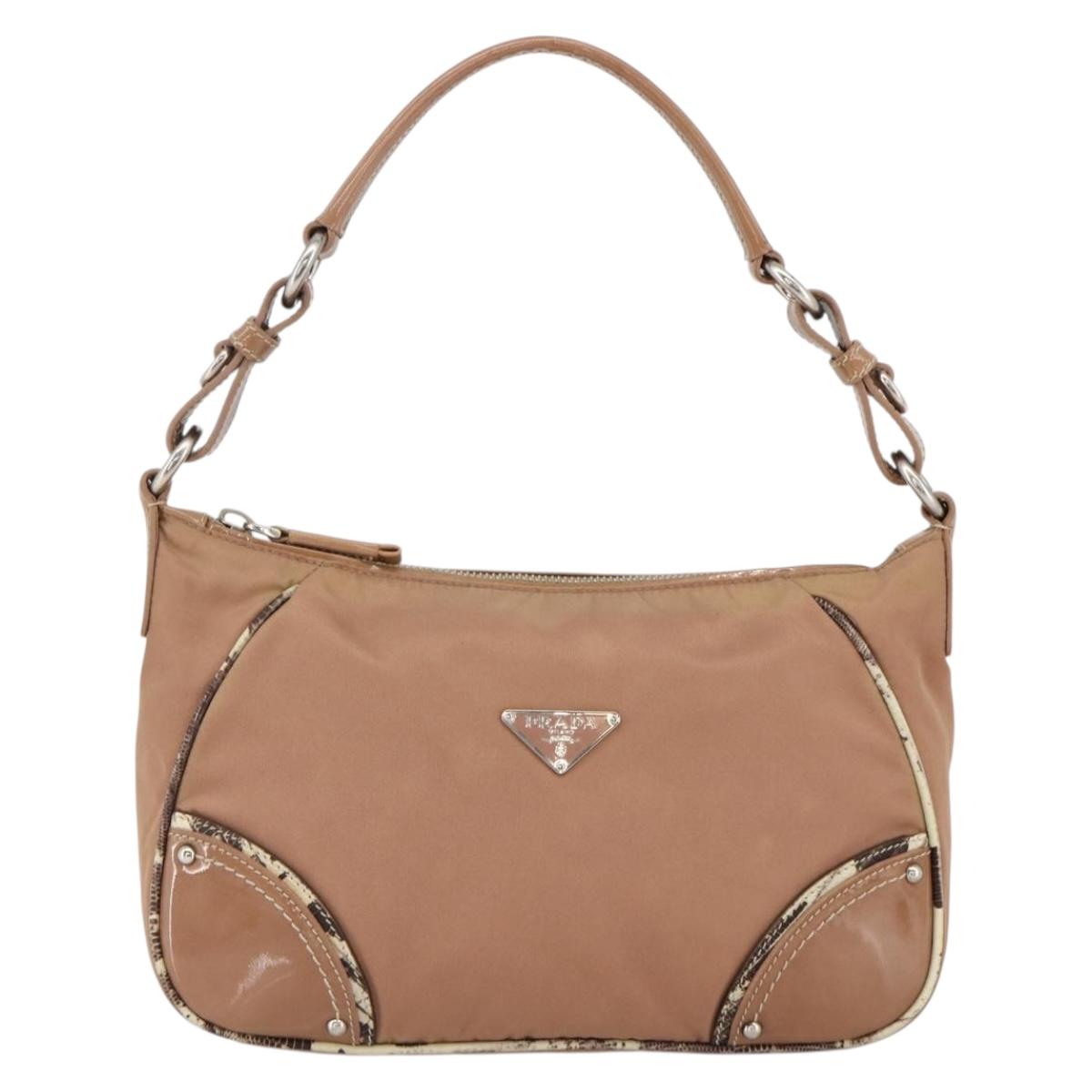 PRADA Shoulder Bag Nylon Beige Silver Auth AMZ446A