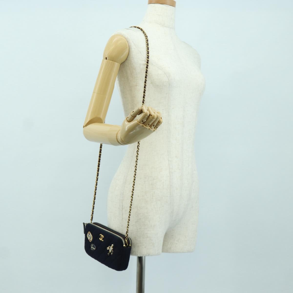 CHANEL Matelasse Chain Shoulder Bag Cotton Navy Gold CC Auth AMZ449SAM