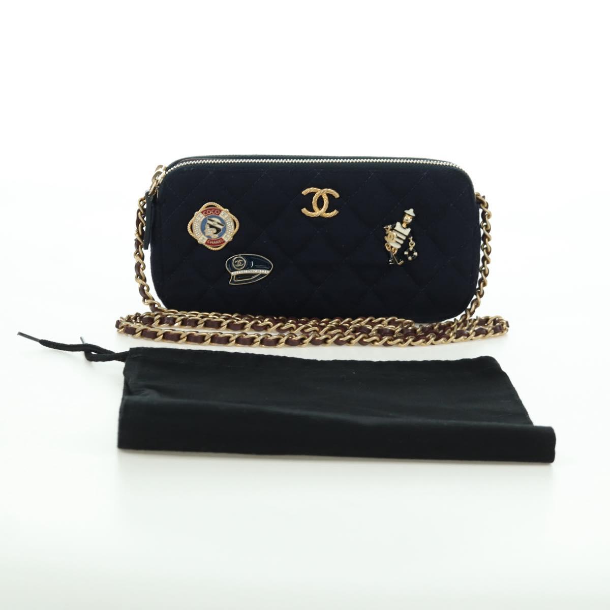 CHANEL Matelasse Chain Shoulder Bag Cotton Navy Gold CC Auth AMZ449SAM