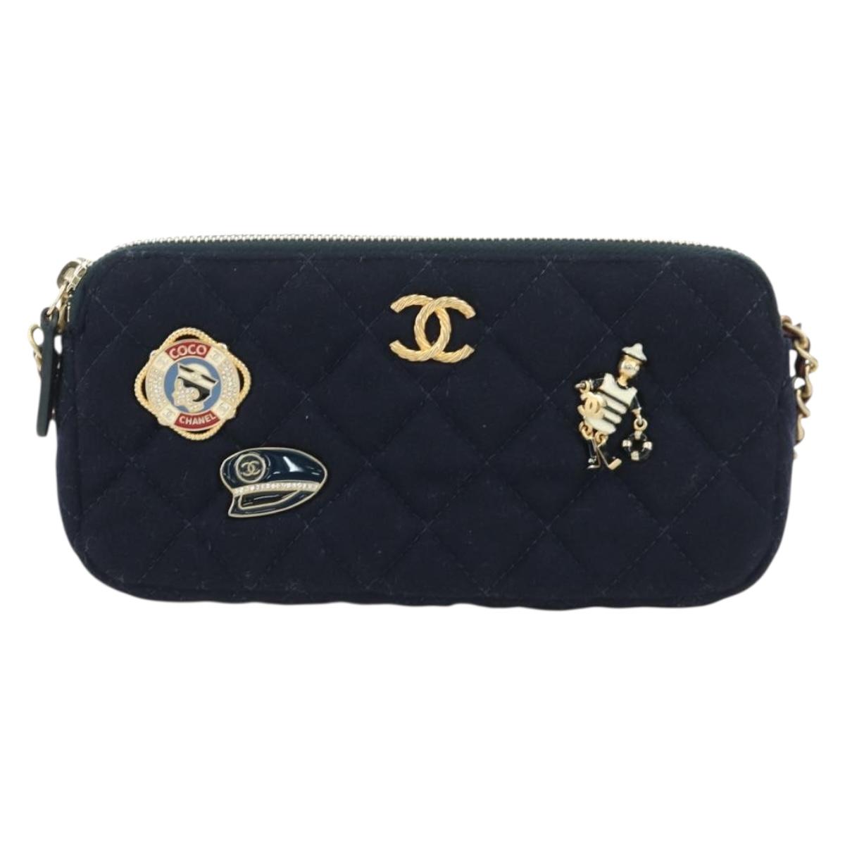 CHANEL Matelasse Chain Shoulder Bag Cotton Navy Gold CC Auth AMZ449SAM