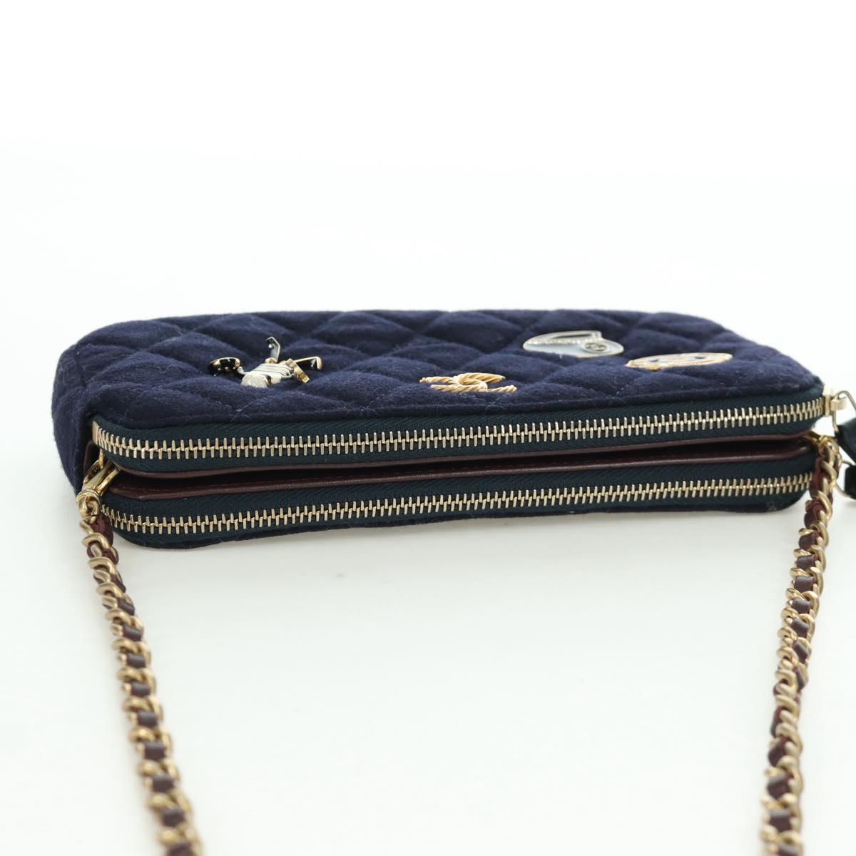 CHANEL Matelasse Chain Shoulder Bag Cotton Navy Gold CC Auth AMZ449SAM
