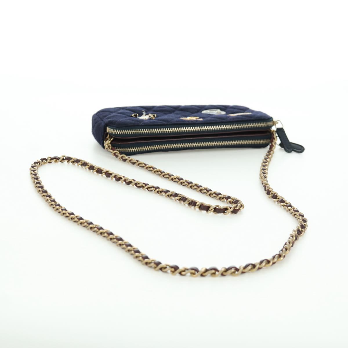 CHANEL Matelasse Chain Shoulder Bag Cotton Navy Gold CC Auth AMZ449SAM