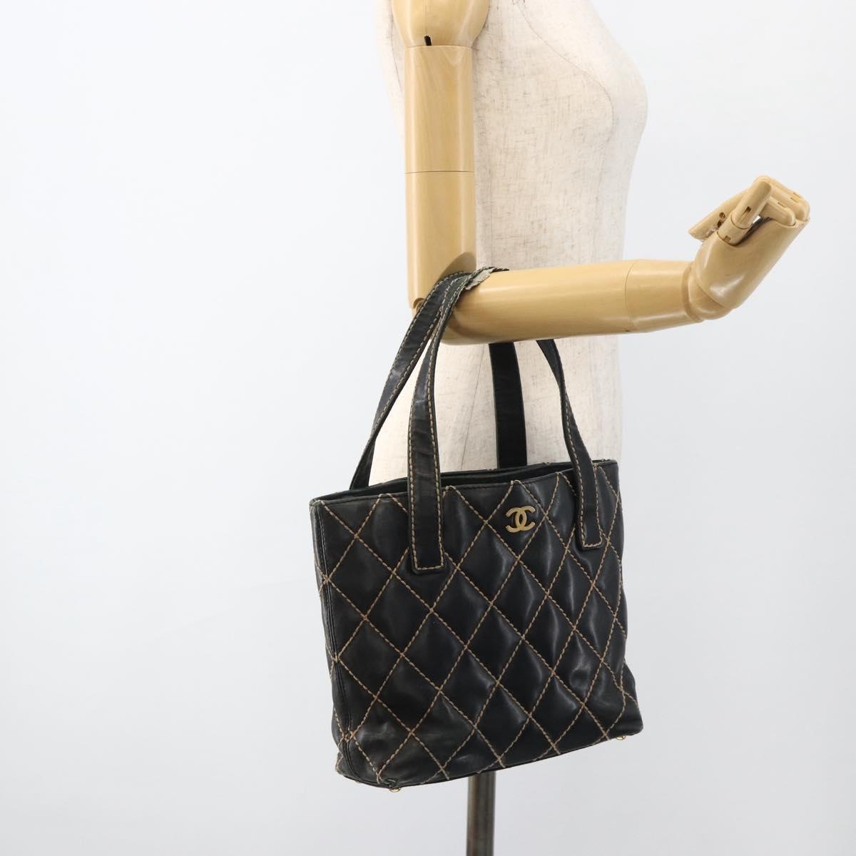 CHANEL Matelasse Wild stitch Tote Bag Leather Black Gold CC Auth AMZ509
