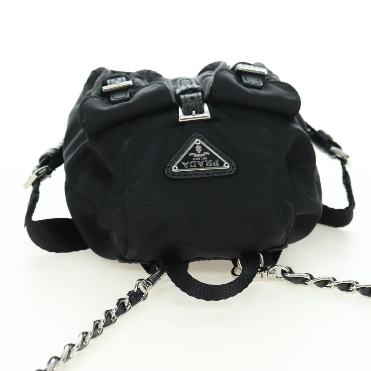 PRADA Chain Shoulder Bag Nylon Black Silver Auth AMZ520M