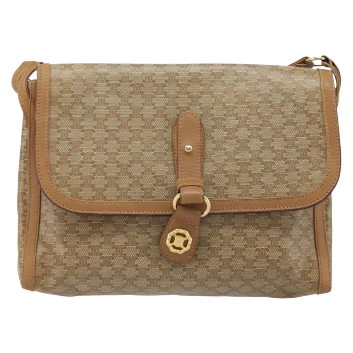 CELINE Macadam Canvas Shoulder Bag PVC Beige Gold Auth AMZ531A