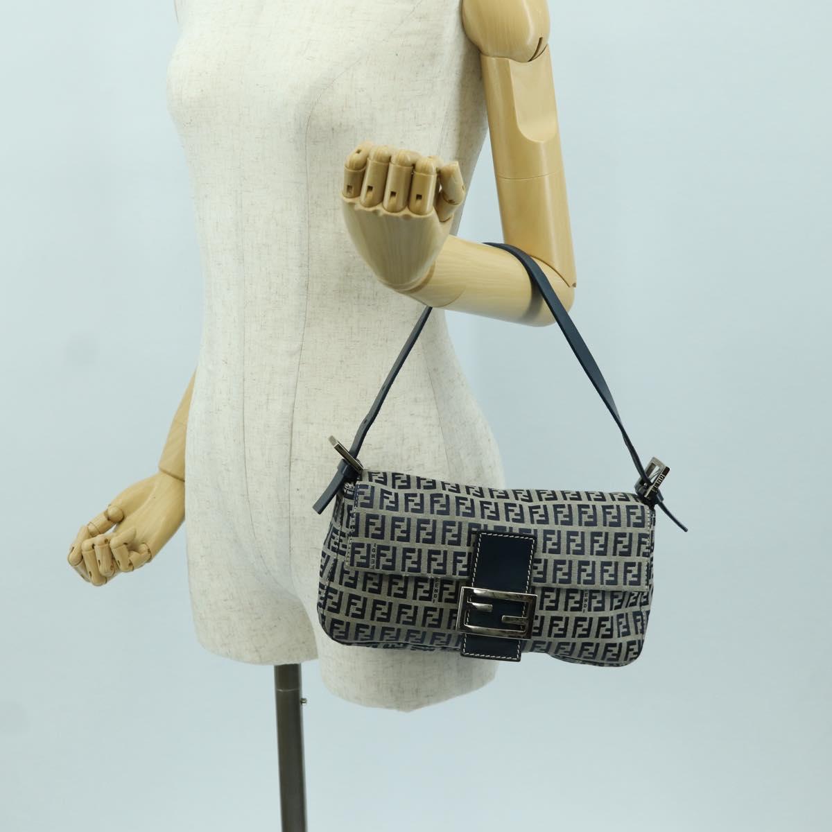 FENDI Zucchino Canvas Mamma Baguette Hand Bag Navy Silver Auth AMZ542V