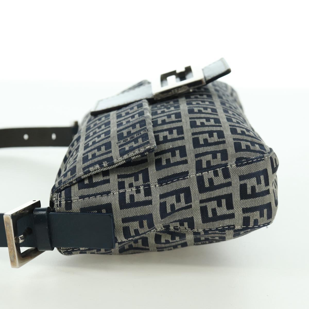 FENDI Zucchino Canvas Mamma Baguette Hand Bag Navy Silver Auth AMZ542V