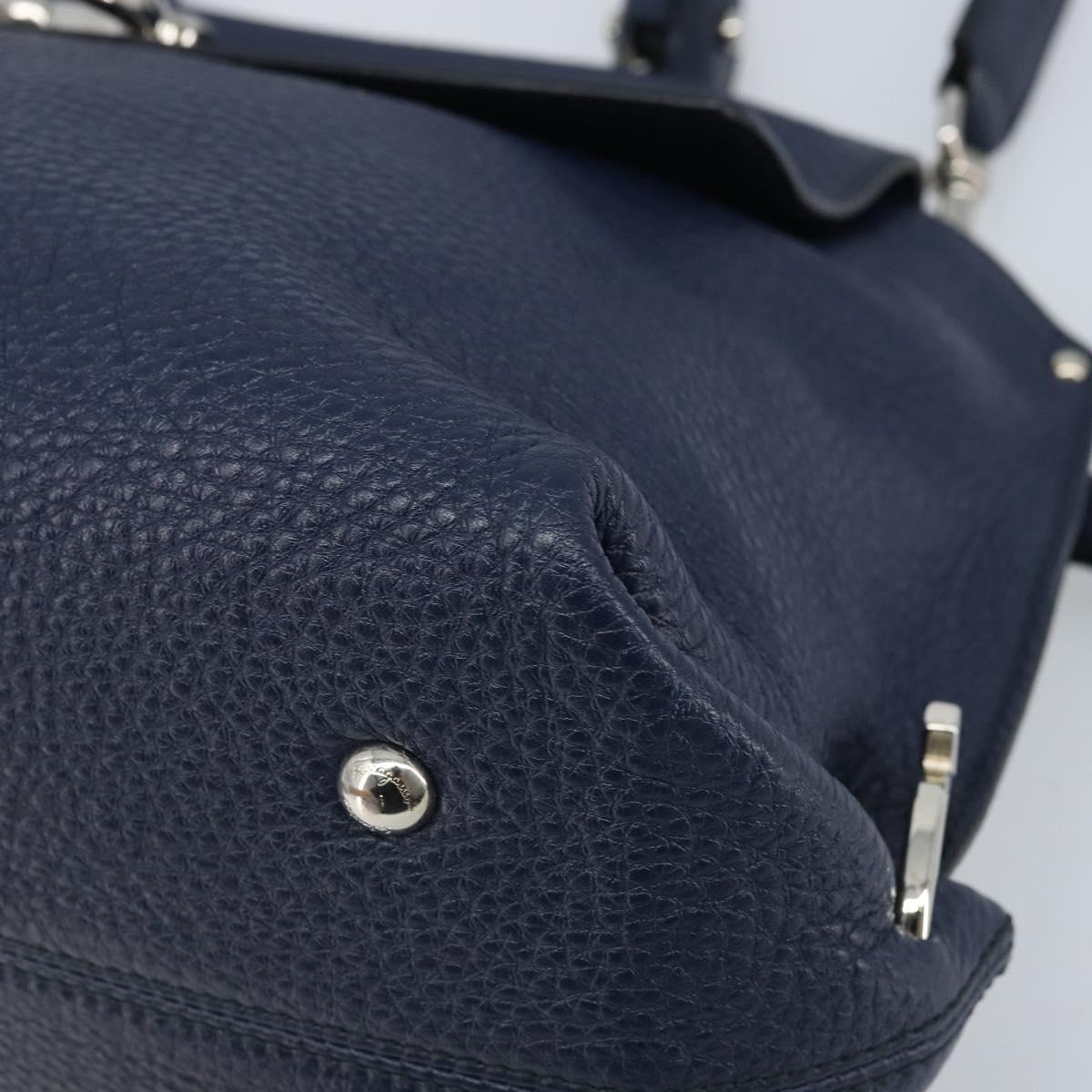 Salvatore Ferragamo Gancini Hand Bag Leather 2way Navy Silver Auth AMZ562A