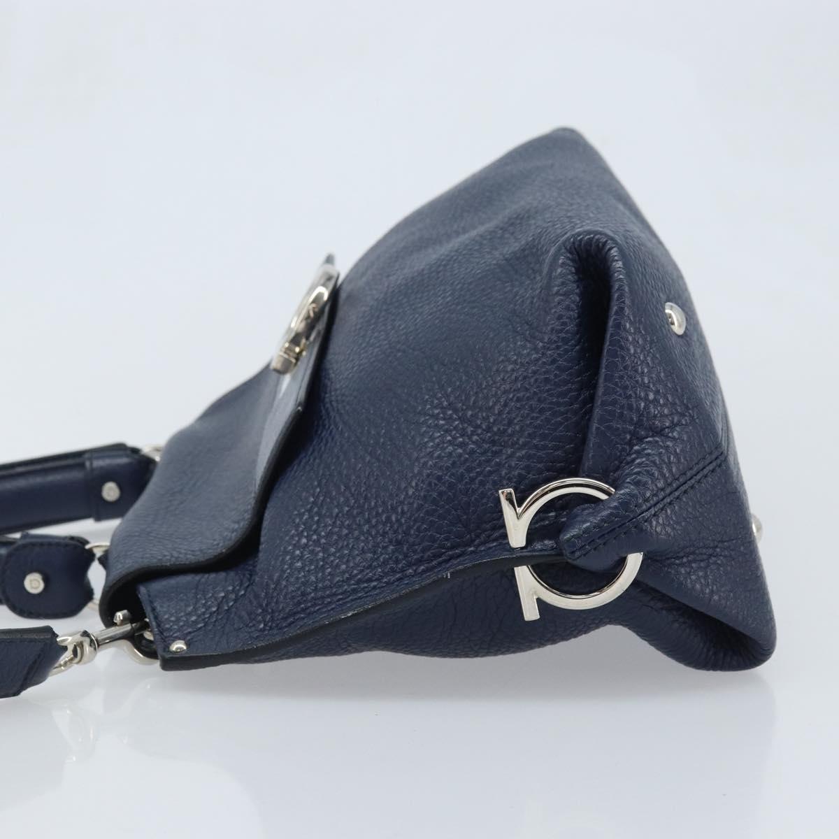 Salvatore Ferragamo Gancini Hand Bag Leather 2way Navy Silver Auth AMZ562A
