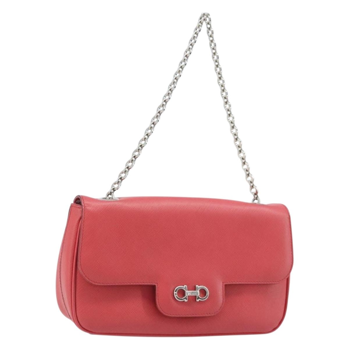 Salvatore Ferragamo Gancini Chain Shoulder Bag Leather Pink Silver Auth AMZ563A