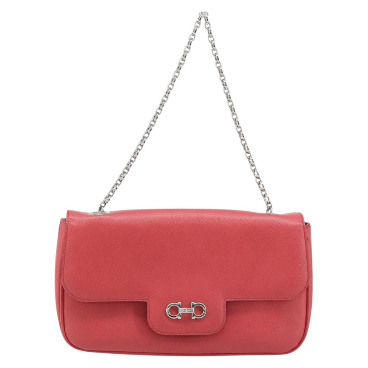 Salvatore Ferragamo Gancini Chain Shoulder Bag Leather Pink Silver Auth AMZ563A