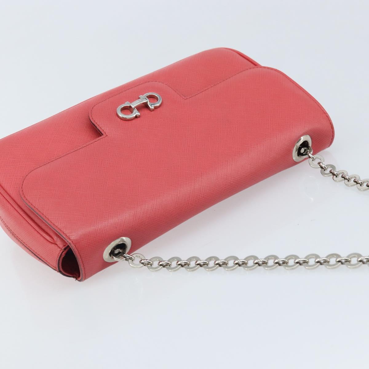 Salvatore Ferragamo Gancini Chain Shoulder Bag Leather Pink Silver Auth AMZ563A