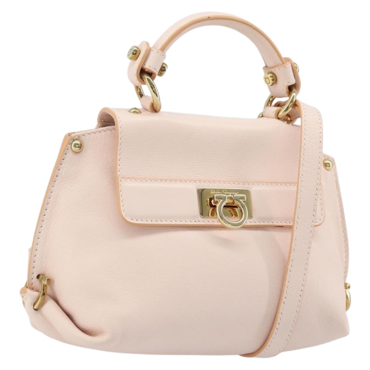 Salvatore Ferragamo Gancini Hand Bag Leather 2way Pink Gold Auth AMZ564A