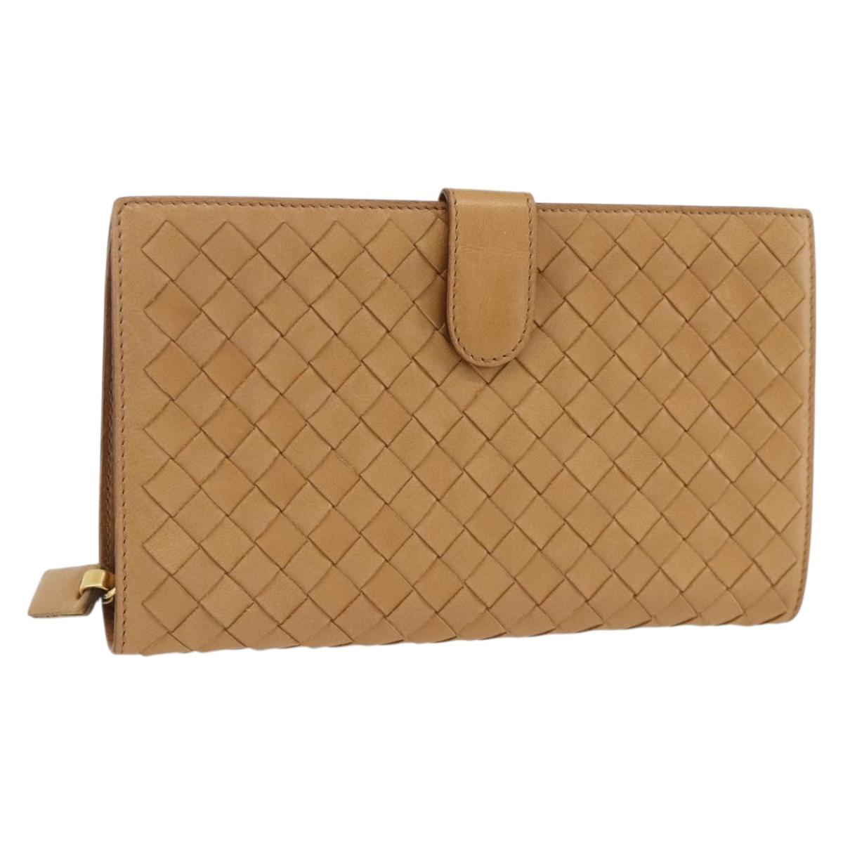 BOTTEGA VENETA INTRECCIATO Long Wallet Leather Beige Auth AMZ568A