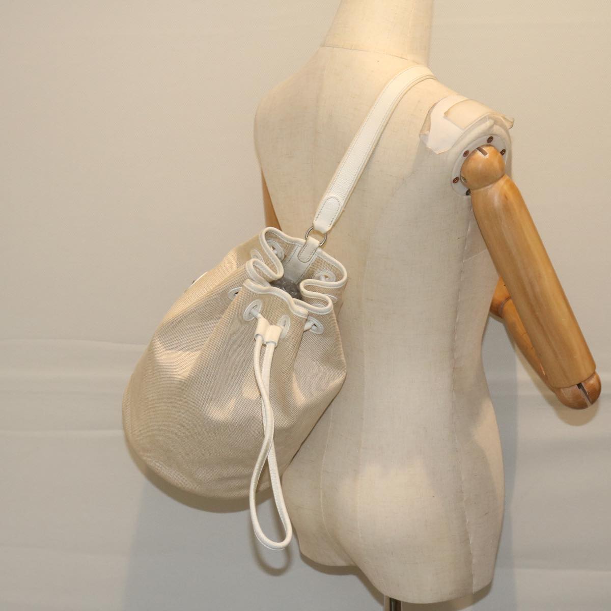 HERMES Sac Marine Receiver PM Shoulder Bag Canvas Leather Beige Auth ar10900