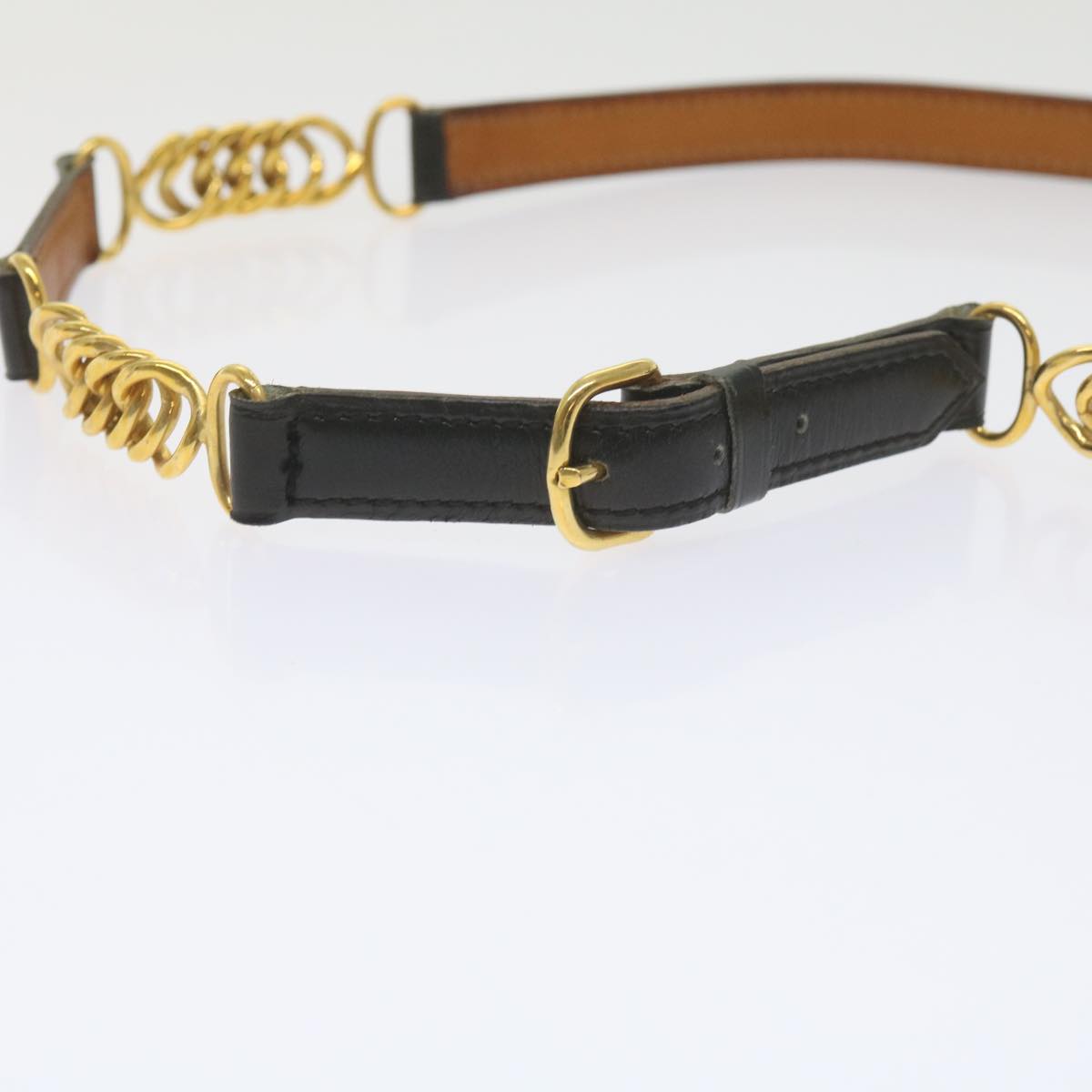HERMES Chain Belt Leather 28.3""-29.5"" Black Gold Auth ar10901