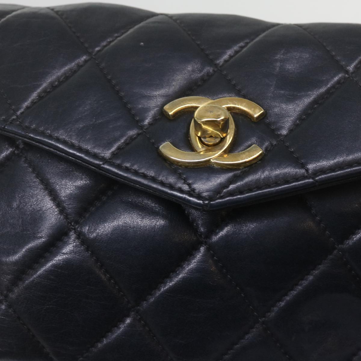 CHANEL Matelasse Turn Lock Chain Waist bag Lamb Skin Black CC Auth ar11054