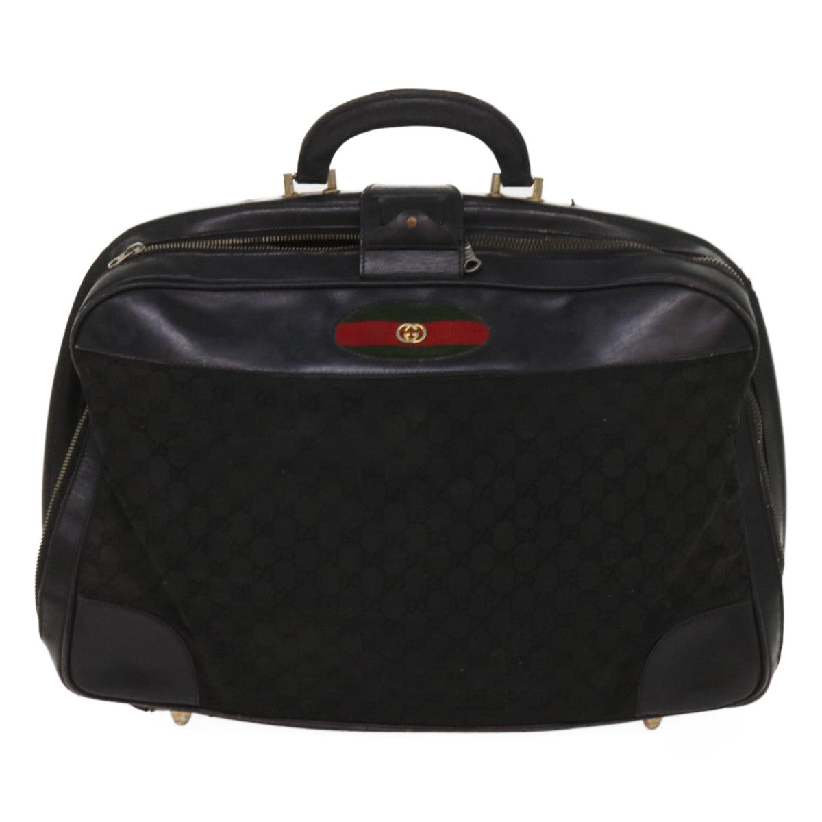 GUCCI GG Canvas Web Sherry Line Boston Bag Black Green Red Auth ar11324