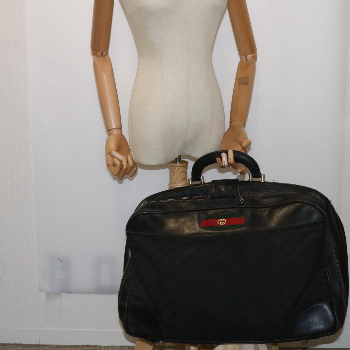 GUCCI GG Canvas Web Sherry Line Boston Bag Black Green Red Auth ar11324