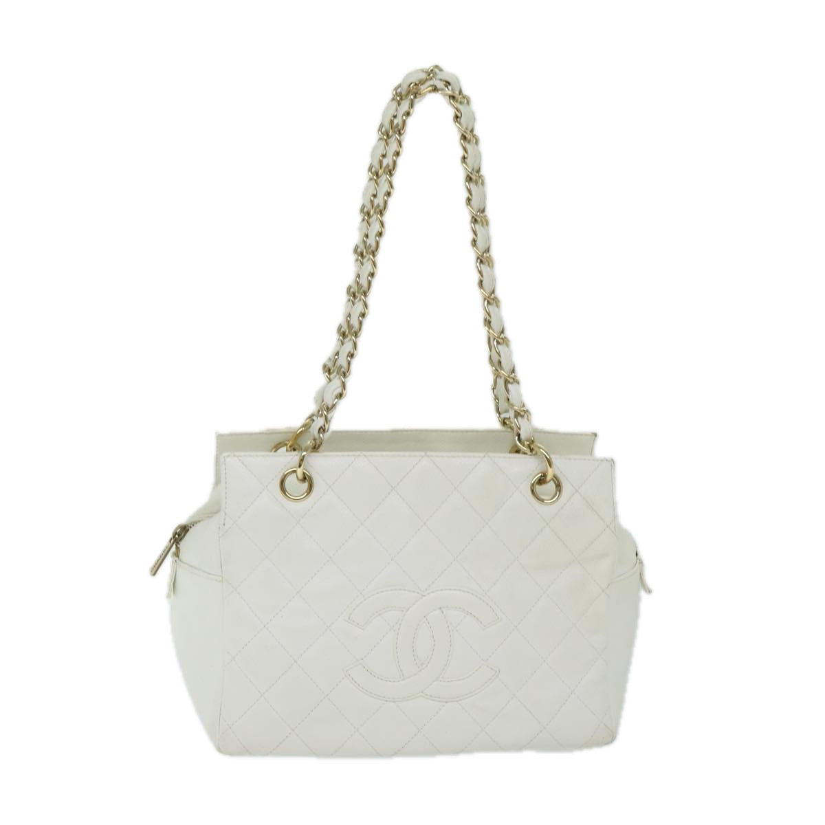 CHANEL Matelasse Chain Shoulder Bag Caviar Skin White CC Auth ar11502