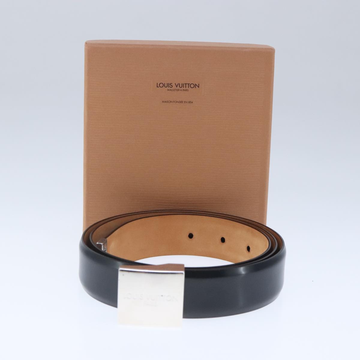 LOUIS VUITTON Ceinture Carre Belt Leather 41.7"""""""" Black Silver LV Auth ar12999