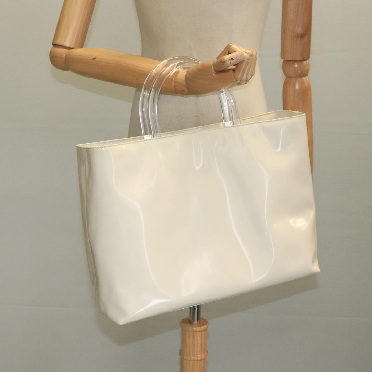 PRADA Hand Bag Patent leather Beige Auth ar13198