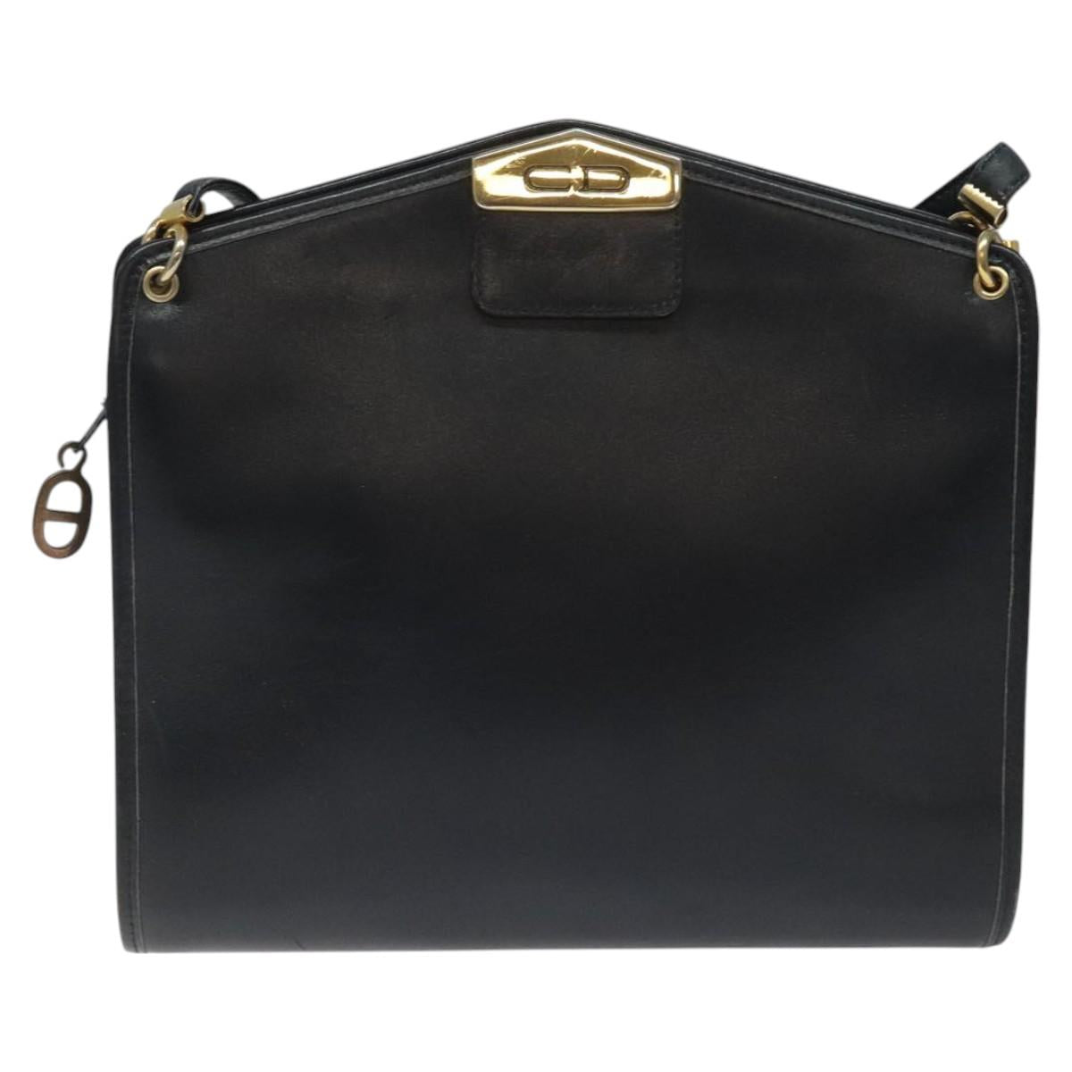 Christian Dior Chain Shoulder Bag Leather Navy Gold Auth ar13274