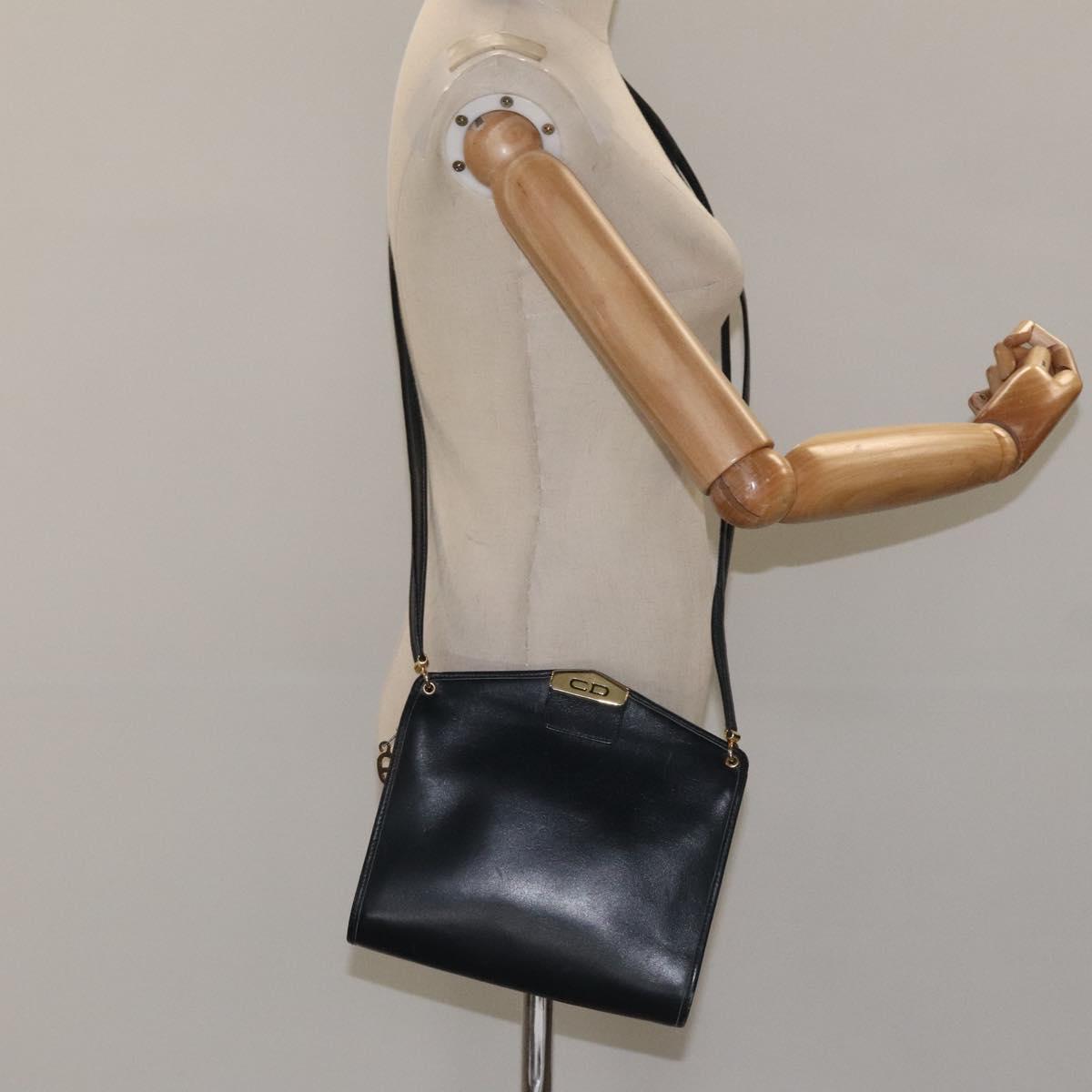 Christian Dior Chain Shoulder Bag Leather Navy Gold Auth ar13274