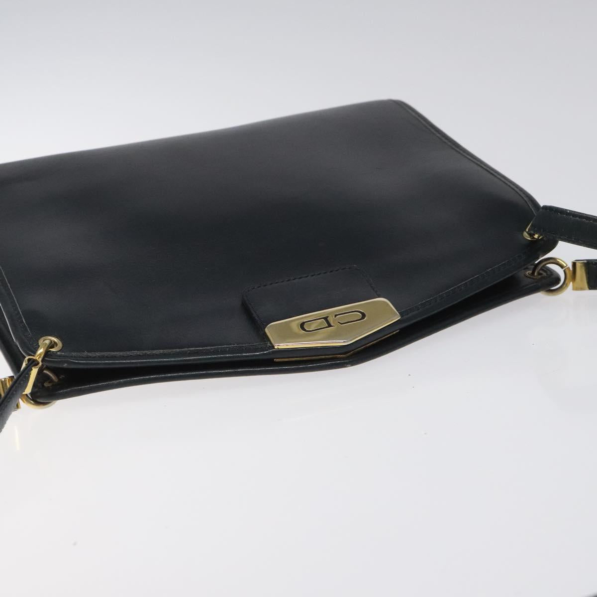 Christian Dior Chain Shoulder Bag Leather Navy Gold Auth ar13274