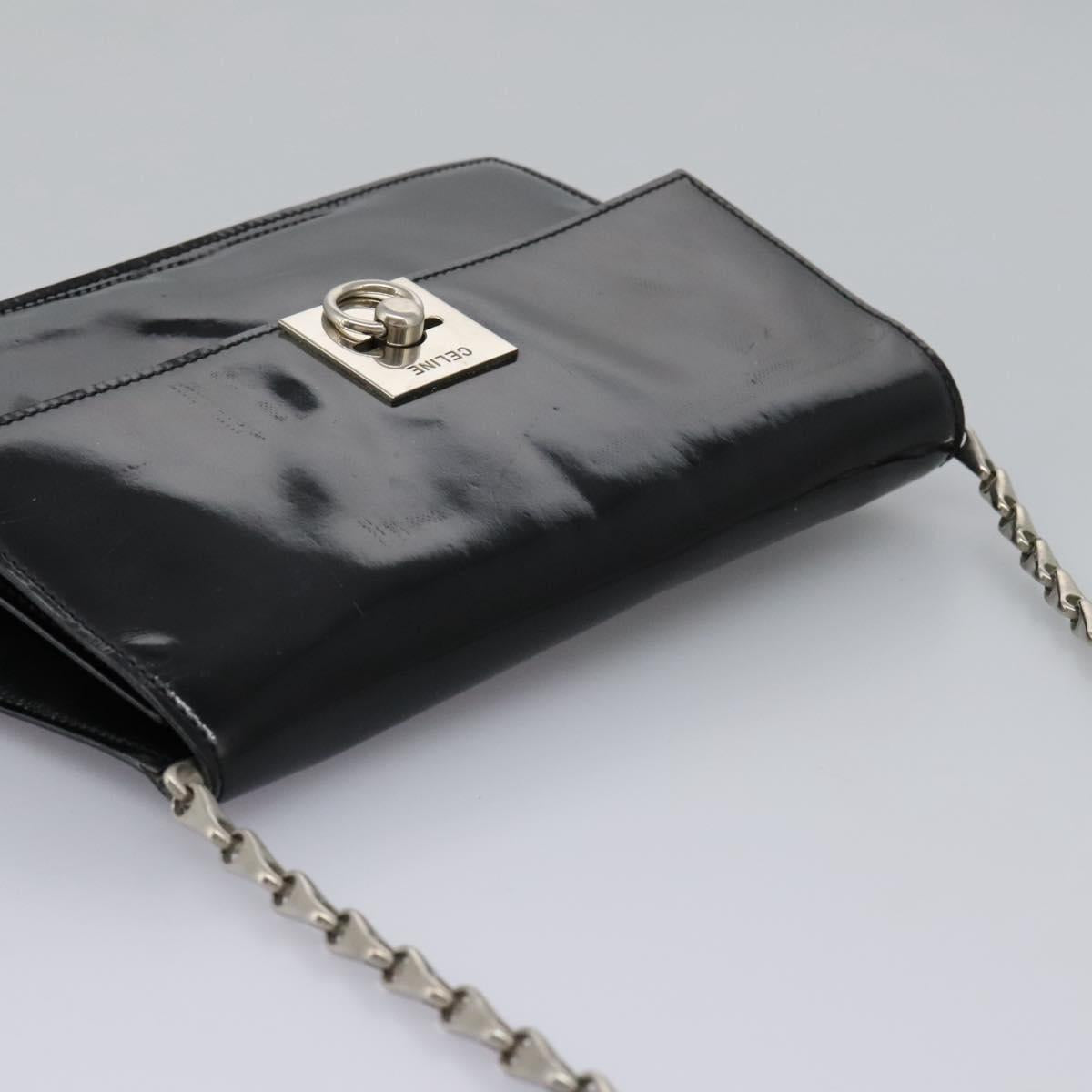 CELINE Chain Shoulder Bag Enamel Black Silver Auth ar13323